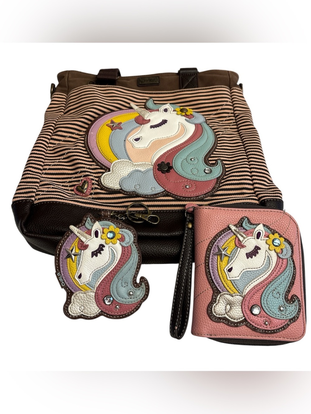 Chala Unicorn Applique Tote, Wallet, & Keyring Set inside pockets